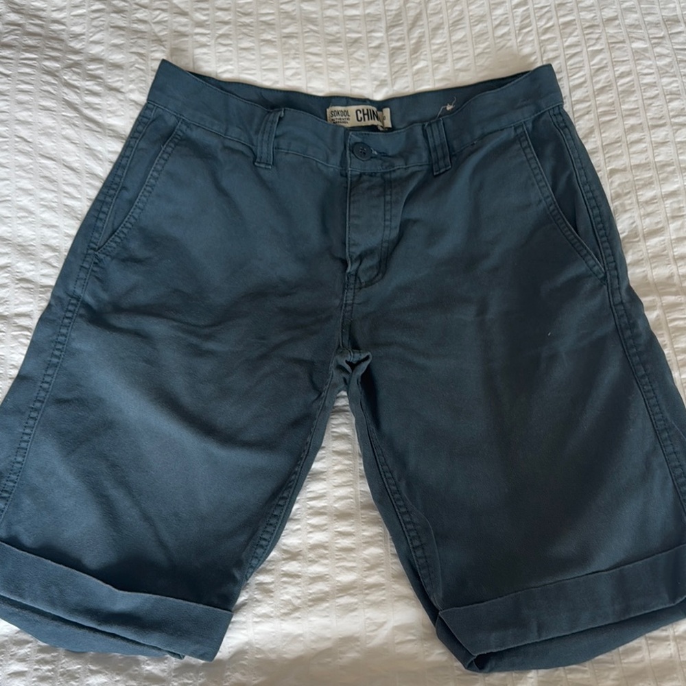Blue Flat Front Knee-Length Shorts